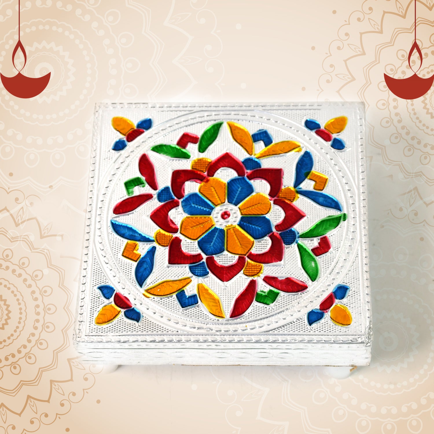 1 Pc Meenakari Wooden Chowki Bajot Set For Home Office Puja Multicolor